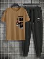 Extended Sizes Men Plus Slogan Graphic Tee & Drawstring Waist Sweatpants