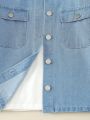 Tween Girl'S Casual Comfortable Simple Flip Pocket Front Denim Shirt