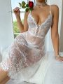 Sheer Lace Flower Detail Sexy Lingerie Dress And Thong Set For Women