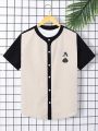 SHEIN Teenage Boys' Casual Loose Fit Short Sleeve Shirt With Spades A Pattern, Color Block Design