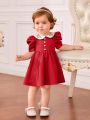 SHEIN Infant Girls' Contrast Color Floral Embroidery Peter Pan Collar Bubble Short Sleeve Dress