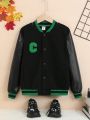 SHEIN Kids Academe Tween Boys' Pu Leather Baseball Collar Press Buttoned Jacket, Medium-thick Version