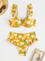 SHEIN Swim Mod Random Floral Print Ruffle Trimmed Bikini Swimsuit Set