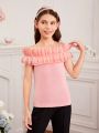 SHEIN Kids FANZEY Tween Girls' Knitted Mesh Patchwork Triple Tiered Ruffle Off Shoulder T-Shirt