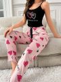 Women's Black Printed Long Pants Jumpsuit With Spaghetti Straps For Home Wear