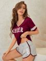 Letter Graphic Top & Shorts Pajama Set