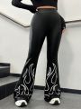 SHEIN Coolane Flame Printed Pu Leather Bell Bottom Pants