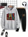 Men's Letter Print Drawstring Hooded Fleece Sweatshirt And Sweatpants Two-piece Set