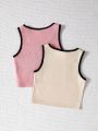 SHEIN Kids EVRYDAY Girls' Knitted Color Block Letter Patterned Crop Top & Vest 2pcs/set