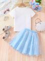 SHEIN Kids QTFun 2pcs/Set Young Girls' Summer Short Sleeve T-Shirt With Character Print And Mesh Skirt