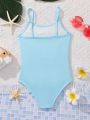 SHEIN Young Girl Knitted Rainbow Unicorn Pattern One Piece Swimsuit With Spaghetti Straps