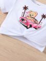 2pcs Baby Girl Valentine's Day Bear, Car Print Short Sleeve T-Shirt And Long Pants Summer Outfit