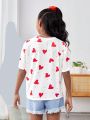 SHEIN Girls' Casual Loose-Fit Knitted Heart Print Short Sleeve T-Shirt With Round Neck For Daily Life