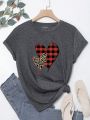 SHEIN LUNE Heart And Plaid Pattern Short Sleeve Casual T-shirt