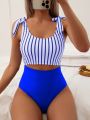 SHEIN Swim Striped Cut Out Tie Shoulder One Piece Swimsuit