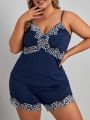 Women's Dark Blue V-neck Camisole Plus Size Pajama Set