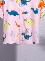SHEIN Kids QTFun Boys' Cute Cartoon Dinosaur Family Print Collar Short Sleeve Woven Shirt