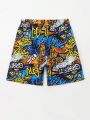 Teenage Boys' Beach Graffiti Style Letter Print Swim Shorts