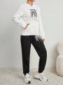 Letter Print Drawstring Hoodie And Pants Set For Women