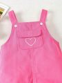 Baby Girls' Love Heart Embroidered Denim Overalls With Flap Pockets