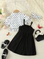 Baby Girls' Polka Dot Puff Sleeve White Top And Black Spaghetti Strap Dress Set