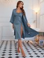 Draped Split Thigh Satin Slip Nightdress & Belted Robe