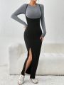 SHEIN Privé 2pcs/Set Long Sleeve Slim Fit T-Shirt And High Split Strap Dress