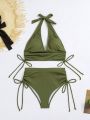 SHEIN Swim Classy Women's Solid Color Deep V Neck Strap Tank Bikini