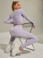 Yoga Basic Deep V-neck Long Sleeve Top And Slim-fit Leggings Athletic Suit