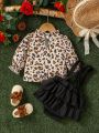 Baby Girl Leopard Print Top With Solid Color Ruffle Trim Overalls Set