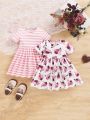 SHEIN Baby Girls' Casual Flower & Stripe Short Sleeve Dress 2pcs/Set