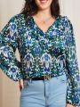 SHEIN Frenchy Plus Size Vacation Printed V-Neck Blouse With Ruffle Hem