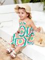 SHEIN Baby Girl Summer Holiday Floral Print Patchwork Spaghetti Strap Dress