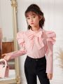 SHEIN Tween Girl Mock Neck Bow Front Gigot Sleeve Blouse