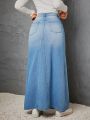 SHEIN Privé High Waist Denim A-Line Skirt With Washed Effect