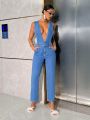 SHEIN BAE Women'S Deep V-Neck Cold-Shoulder Denim Jumpsuit In Blue