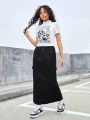 Teen Girls' Stand Collar Portrait Print T-Shirt And Split Hem Skirt With Pockets Set