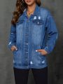 SHEIN LUNE Distressed Turn Down Collar Denim Jacket