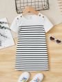 SHEIN Kids EVRYDAY Toddler Girls Striped Button Detail Tee Dress