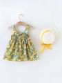 Baby Floral Print Bow Front Cami Dress With Hat