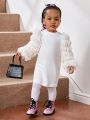 SHEIN Baby Girls' Casual Knitted Splicing Fringed Slim Long Sleeve Dress