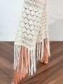 SHEIN Swim BohoFeel Hollow Out Knitted Fringe Hem Waist Drawstring Cover Up Pants