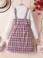 SHEIN Kids CHARMNG Tween Girl Mock Neck Tee & Plaid Print Belted Dress