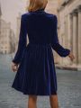 Mock Neck Lantern Sleeve Velvet Dress