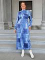 SHEIN Essnce Women's Blue Stand Collar Plus Size Denim Print A-line Dress With Random Pattern