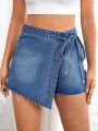 Wrap Knot Side Raw Hem Denim Skort