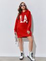 Women's Letter Printed Drawstring Hoodie Dress