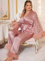 Plus Size Patchwork Mesh Heart Print Flare Sleeve Belted Pajama Set