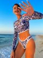 SHEIN Swim SPRTY Full Printed Long Sleeve Two Piece Swimsuit