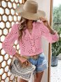 SHEIN VCAY Solid Color Hollow Out Embroidered Notch Neck Lantern Sleeve Shirt
